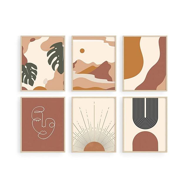 Haus and Hues Framed Boho Wall Art - Set of 6 Mid Century Modern Wall Boho Art Prints, Boho Neutral Wall Art, Boho Home Decor, Boho Prints for Wall, Boho Wall Decor Boho (Beige Framed) (8x10)