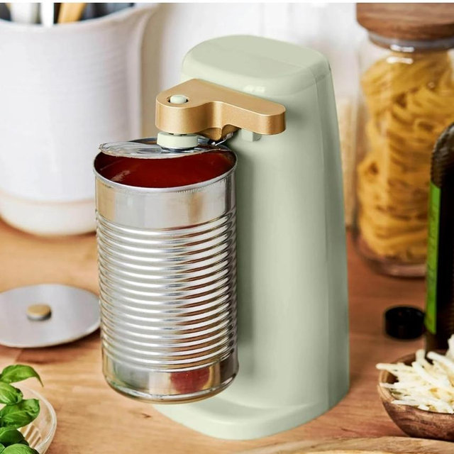Beautiful Easy-Prep Electric Can Opener, Stainless Steel Blade, Built-in Knife Sharpener, Auto-Stop Safety, Cord Storage by Drew Barrymore (Sage Green)