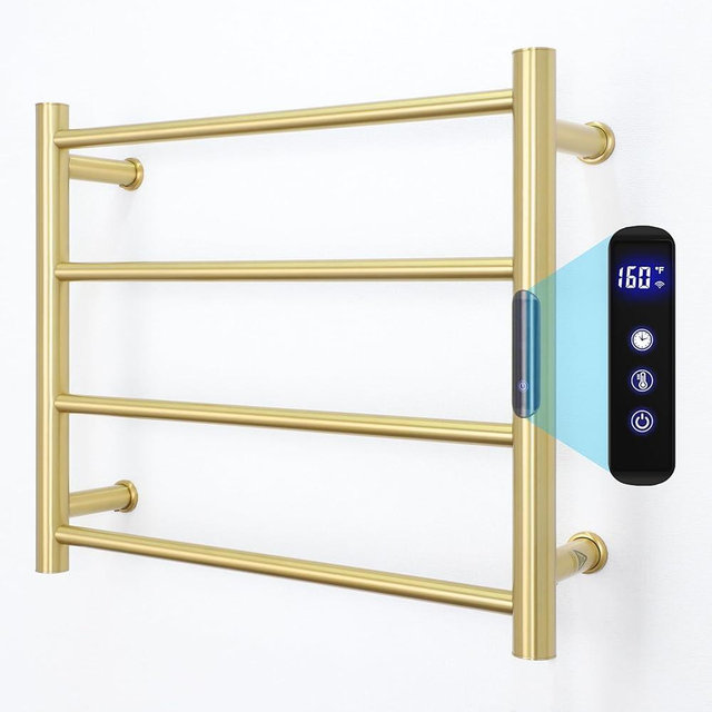 Heated Towel Rack Gold, Towel Warmer Rack for Bathroom Wall Mounted, Timer & Temperature Control Electric Towel Drying Rack (4 Bars Brushed Gold D, Hardwired)