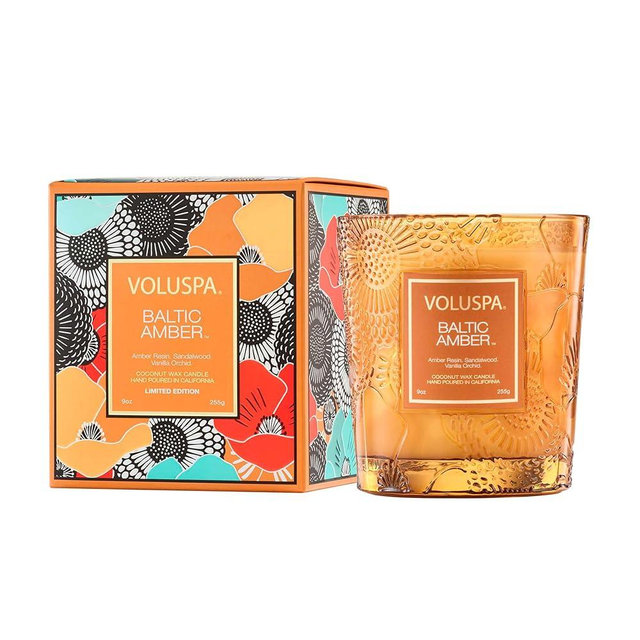 Voluspa Limited Edition Baltic Amber Classic Candle, 9 oz, Coconut Wax for Clean Burning, 60 Hour Burn Time, Amber Candle Handcrafted in The USA