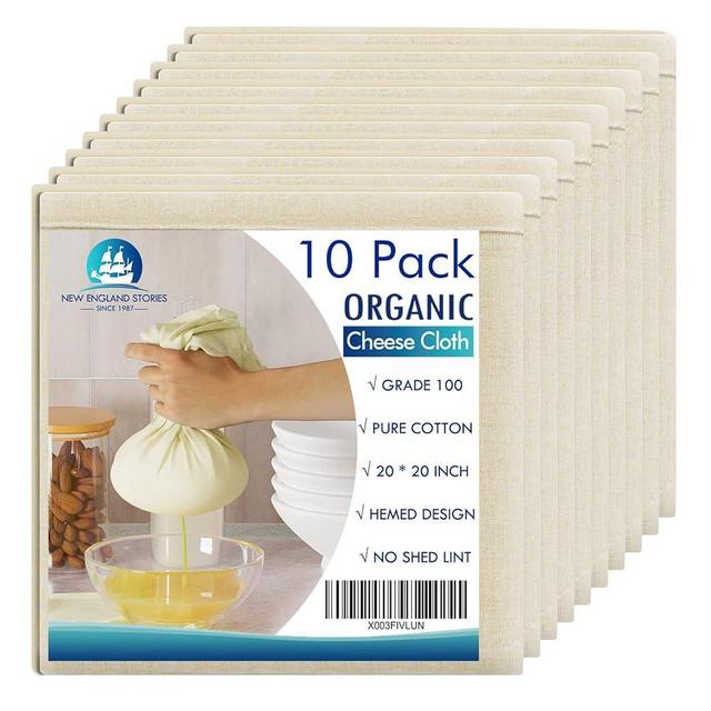 10 PCS Reusable Cheesecloth, Grade 100, 20x20 Inch Hemmed Organic Cheese Cloth for Straining Craft, 100% Cotton Unbleached Cloth Strainer for Cooking, Baking, Juicing, Cheese Making