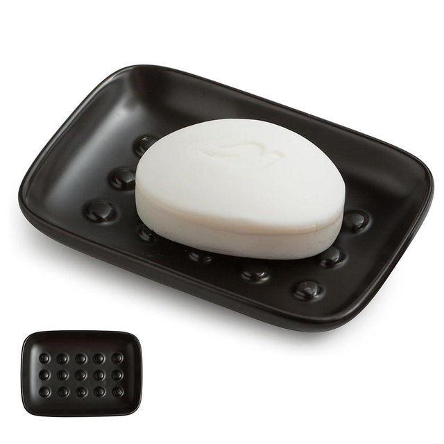 Miamolo Soap Dish, Ceramic Soap Holder Shower Soap Dish for Bar Soap Sponge, Soap Saver Tray for Bathroom Kitchen Sink, Black