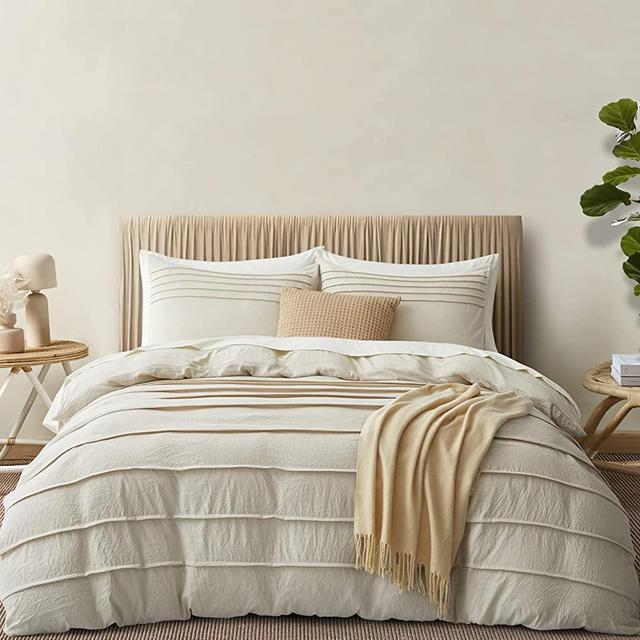 Oli Anderson Beige Duvet Cover King Size - Pleated King Duvet Cover, 3PCS Soft and Breathable Textured Bedding Set with Zipper Closure(Beige,104"x90")