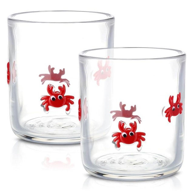 SiliFine 2 Pcs Crab Icon Juice Glasses, 14oz Red Crab Stemless Wine Drinking Coffee Glass Cup for Summer Animal Birthday Party Supplies & Gift