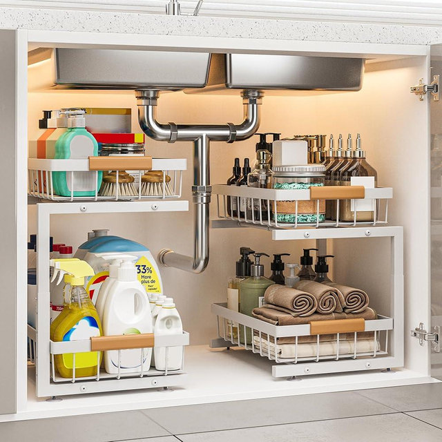 ilvvan Under Sink Organizer, 2 Pack 2 Tier Expandable Height Under-Sink Bathroom Kitchen Organizers And Storage