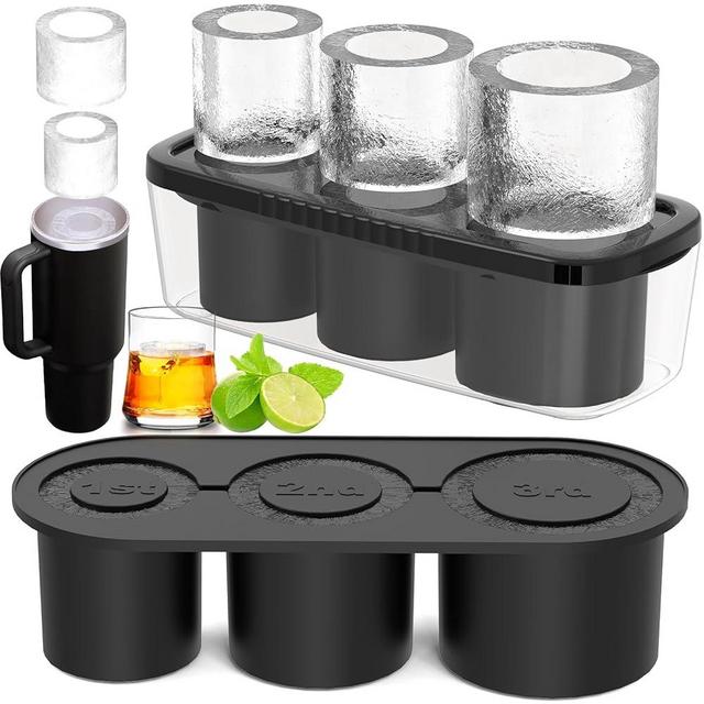 Ice Cube Tray for 30Oz-40Oz Tumbler, 3 Pcs Silicone Hollow Cylinder Ice Mold with Lid and Bin for Freezer, Ice Drink, Juice, Whiskey, Cocktail (Black, 40 Oz)