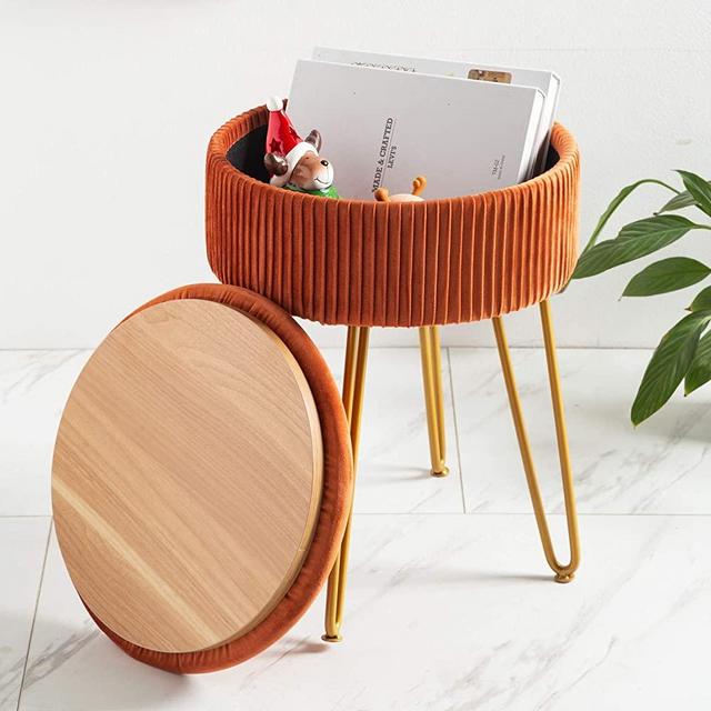 Velvet Storage Ottoman Foot Rest, Upholstered Pleated Round Footrest Vanity Stool with Metal Legs, Coffee Table Top Cover, Modern Accent Stools,Makeup Footstool, Suitable for Living Room and Bedroom