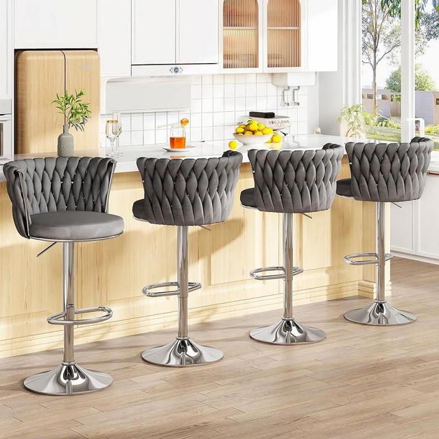 AWQM Grey BarStools Set of 4, Swivel Velvet Bar Stools for Kitchen Island with Back,Adjustable Counter Height Barstools Bar Chairs Set of 4,Soft Cushion, Round Base