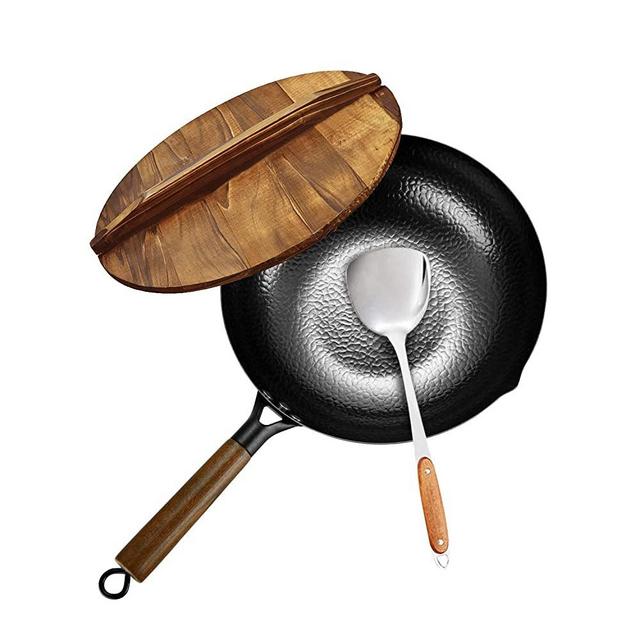 Carbon Steel Wok, Stir Fry Pan Flat Bottom Pan, Iron Wok with lid, for Electric Stove, Induction Cooker and Gas Stove(12.5 Inch)
