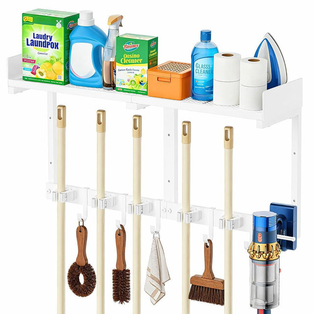 HUFAND Broom Holder Wall Mount, 27" Large Mop and Broom Organizer Wall Hanging with Top Storage Shelf & Vacuum Hook, Heavy Duty Iron Utility Rack for Laundry Room, Garage, Kitchen, Garden - White