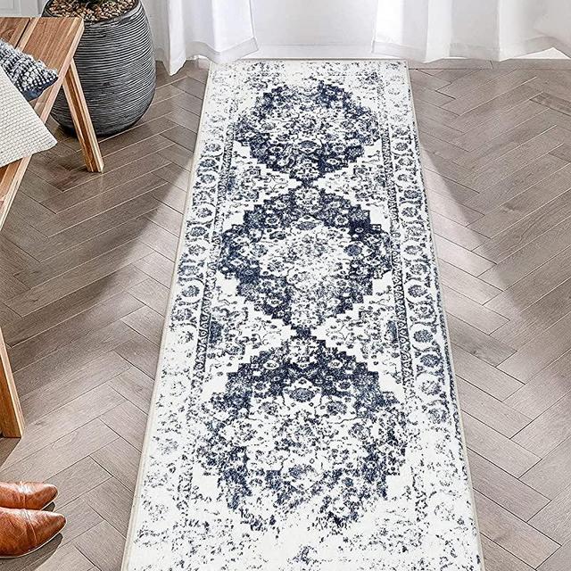 Pauwer Hallway Runner Rug 2x6 Farmhouse Boho Vintage Distressed Area Rug Carpet Washable Kitchen Rugs Runner Shag Fluffy Non Slip Runner Rug for Bathroom Laundry Room Entryway, Navy Blue