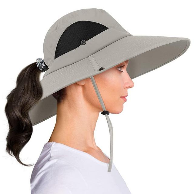 Leotruny Women's Ponytail Fishing Hat UPF50+ Protection Foldable Mesh Wide Brim Beach Sun Hat for Hiking Camping Gardening