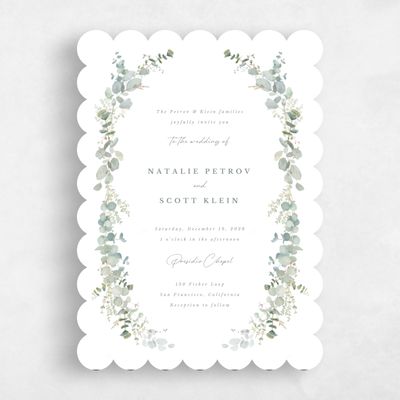 White Scalloped Wedding Invitation - Verde Portrait