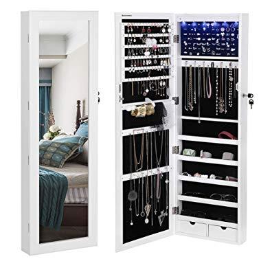 SONGMICS 6 LEDs Mirror Jewelry Cabinet Lockable Wall/Door Mounted Jewelry Armoire Organizer with Mirror 2 Drawers White UJJC93W