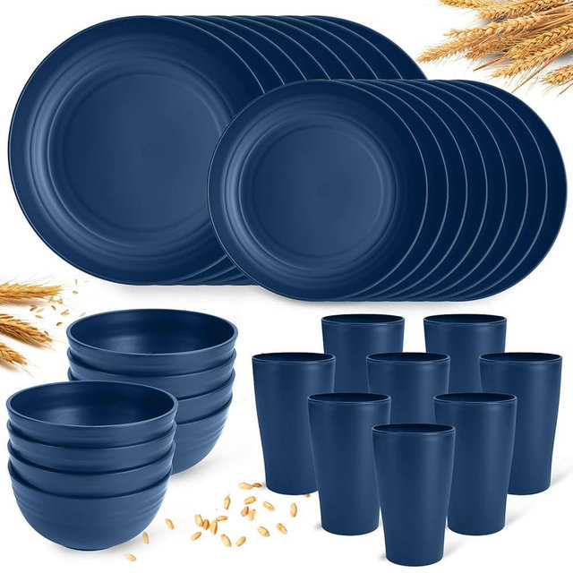 Blue Dinnerware Sets for 8,Blue Plates and Bowls Sets Plastic,Wheat Straw Dinnerware Sets Unbreakable Microwave Safe Lightweight,32 Pcs Dishes Set for 4th of july Apartment Essentials Dorm