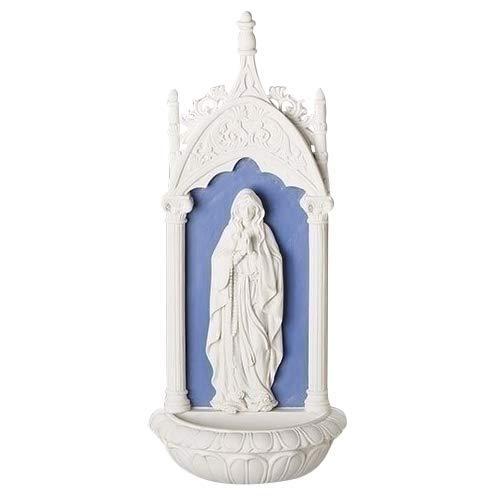 Lady of Lourdes Ivory With Deep Blue 3 x 11.5 Resin Stone Hanging Water Font