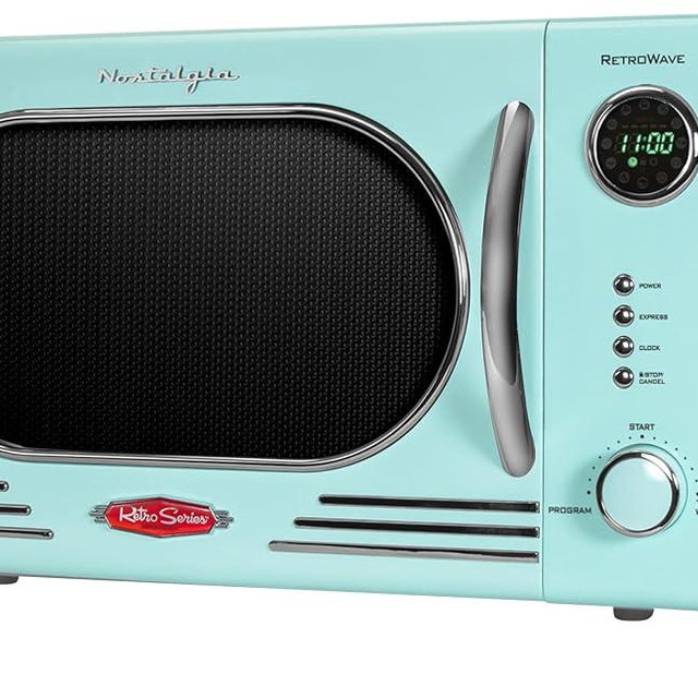 Nostalgia NRMO11AQ6A 1000 Watt Power Retro Countertop Microwave Oven Easy to Clean with Removable Glass Turntable-Child Safety Lock-12 Programs-Digital Clock, 1.1 Cu. Ft, Aqua