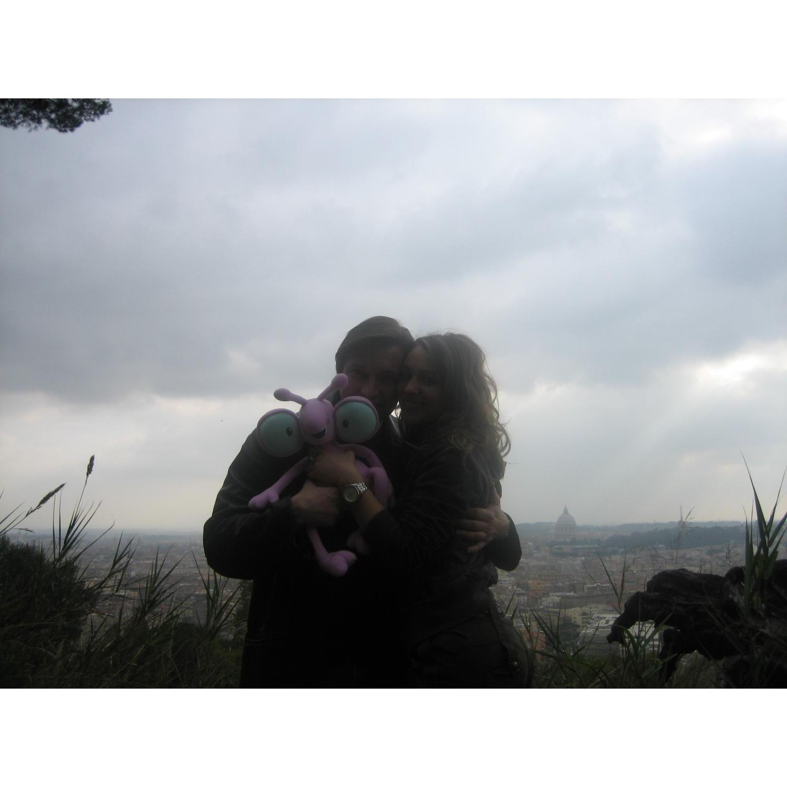 Our first visit together at Lo Zodiaco...Holding an extra terrestrial who would then be given to our first child as its first doll! January 2007
