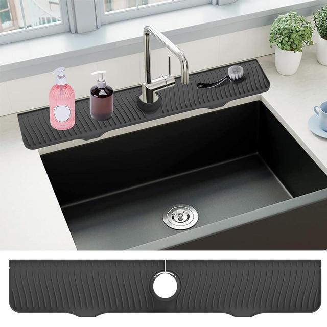 Sink Splash Guard, 32” x 5.5”, Longer Faucet Mat, Silicone Splash Guard Behind Faucet, Water Drip Catcher Mat for Kitchen, Bathroom Laundry Room, Farmhouse, Bar & RV (Black)