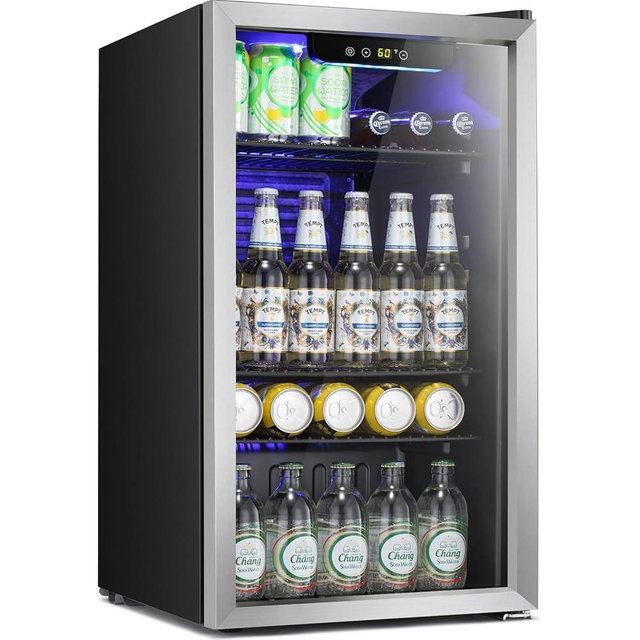 Antarctic Star Mini Fridge -130 Can Beverage Refrigerator for Soda Beer or Wine, Stainless steel door frame, for Office or Bar with Adjustable Removable Shelves, Silver, 3.1 Cu.Ft