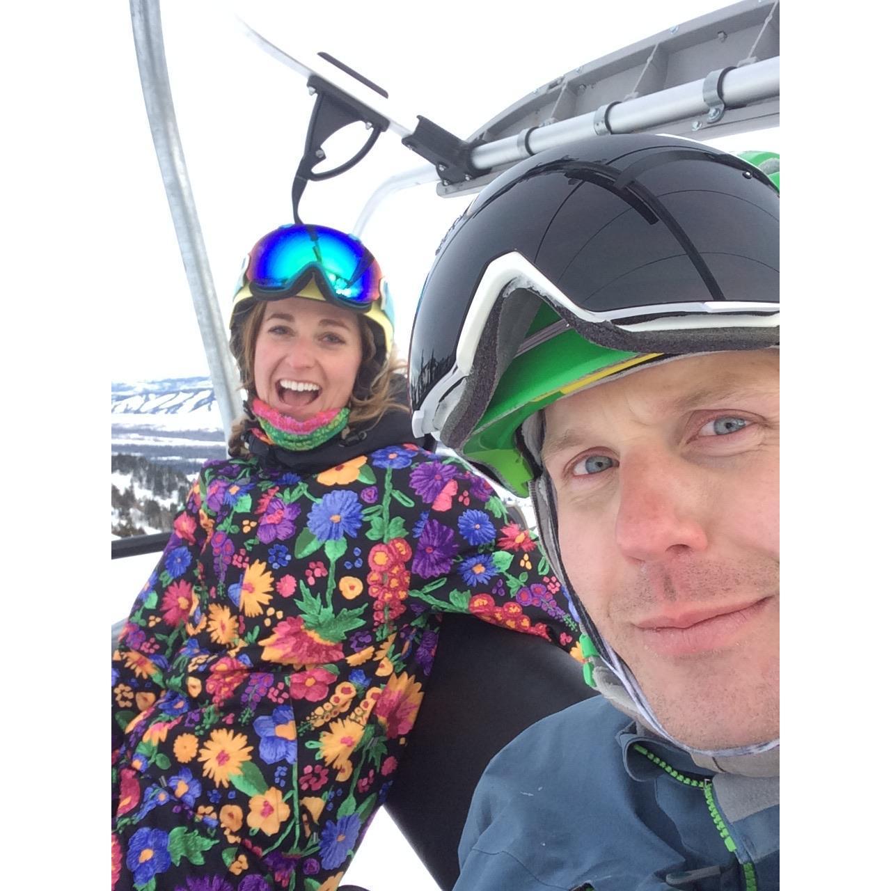Skiing in flower suit onesies- Breckenridge, CO