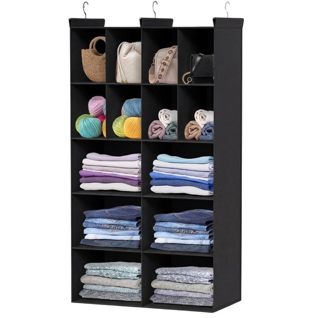 Ofiray-home 5 Tier Hanging Closet Organizer, 14 Compartments Sweater Organizer for Closet with 3 Sturdy Hooks, Closet Organizers and Storage, Wardrobe, Rv, Garment Rack, Black
