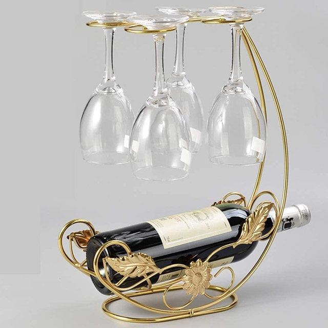 Homya Tabletop Wine Rack, Metal Fine Forged Wine Glass Holder, Kitchen Bar Wine Glass Display Holder, Holds 1 Wine Bottle and 4 Wine Glasses, Table Wine Bottle Accessories, Gold