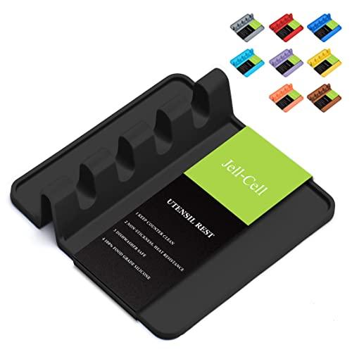 Silicone Multiple Utensil Rest with Drip Pad, Utensil Holder for Stove Top, Kitchen Spoon Rest & Spoon Holder for Brushes Spatulas Ladles Forks, BPA Free Heat Resistant Nice Gift by Jell-Cell (Black)