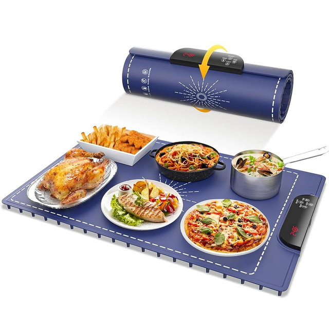 Electric Food Warming Mat for Countertops & Buffets, 11 Temperature Precision Control & 9H Timer, Child-Safe Smart Heating Tray | Ideal for Parties, Holiday Dinners, International Events (Blue)