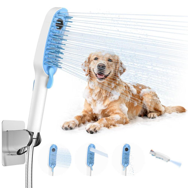 Barkitty 4 Mode Dog Shower Attachment, High Pressure Handheld Sprayer with ON/OFF Switch, 78 Inches Stainless Steel Hose, Diverter, Adhesive Holder, for Indoor/Outdoor Dog Bathing and Cleaning