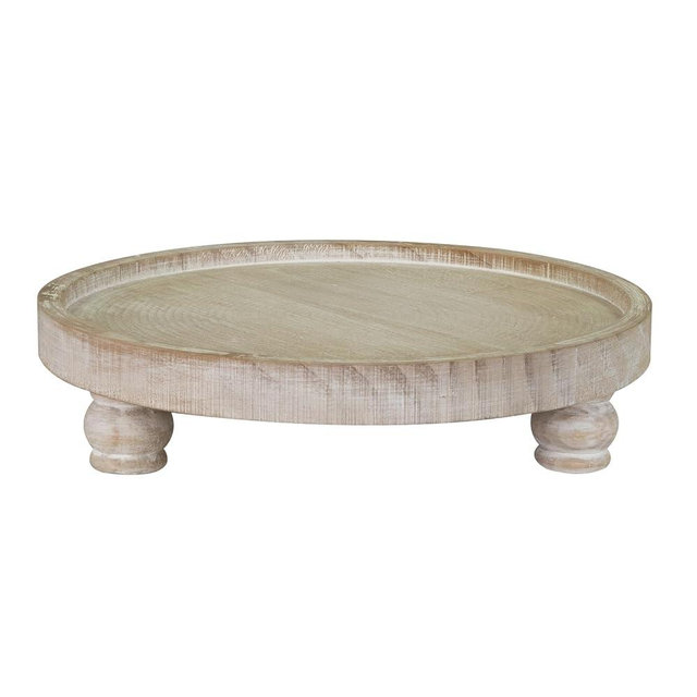 MAONAME Decorative Round Wood Riser for Display, Farmhouse Pedestal Stand for Kitchen Counter, Wash White Wooden Risers Tray for Home Decor, Pedestal Tray for living room Decor