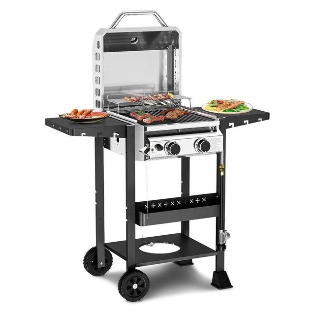 R.W.FLAME 2-Burner Propane Gas Grill, 16,000 BTU Stainless Steel BBQ with Folding Side Tables – Portable Outdoor Grill for Patio, Backyard & Camping