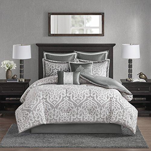 Madison Park Odette 8 Piece Jacquard Bedding Comforter Set with Damask Stria, Queen, Silver