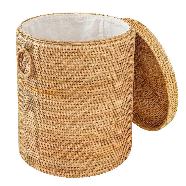 Peslran 15.7"×13.8"×13.8" Rattan Laundry Basket With Handle, Rattan Laundry Hamper With Liner Bag, Round Wicker Large Hampers For Organizing Clothes Kids Toys Books