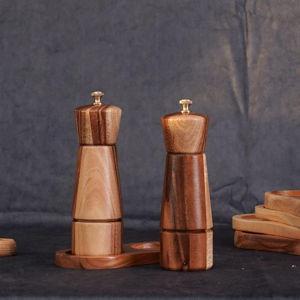 Salt and Pepper Grinder Set with Tray, Adjustable Ceramic Grinder Salt Mill, Stainless Steel Grinder Pepper Mill, Acacia Wood, 16.5 cm / 6.5inch Height, Bottom Dia 5 cm (Tray is Included)