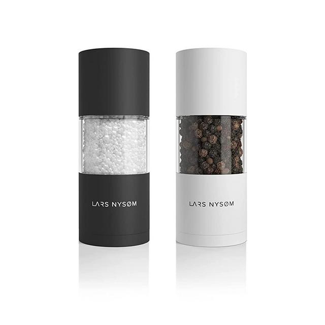 LARS NYSØM Stainless Steel Salt and Pepper Mills Set with Adjustable Ceramic Grinder 2 pieces I Design Spice Mills Set Manual (Set of 2, Black&White)