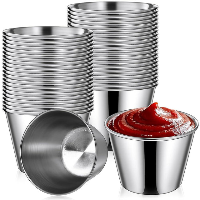 Potchen 24 Pieces 2.5 oz Metal Ramekins Sauce Cups Stainless Steel Condiment Cups Round Dipping Containers for Vinegar Butter Ice for Kitchen Restaurant Catering Camping BBQ Party