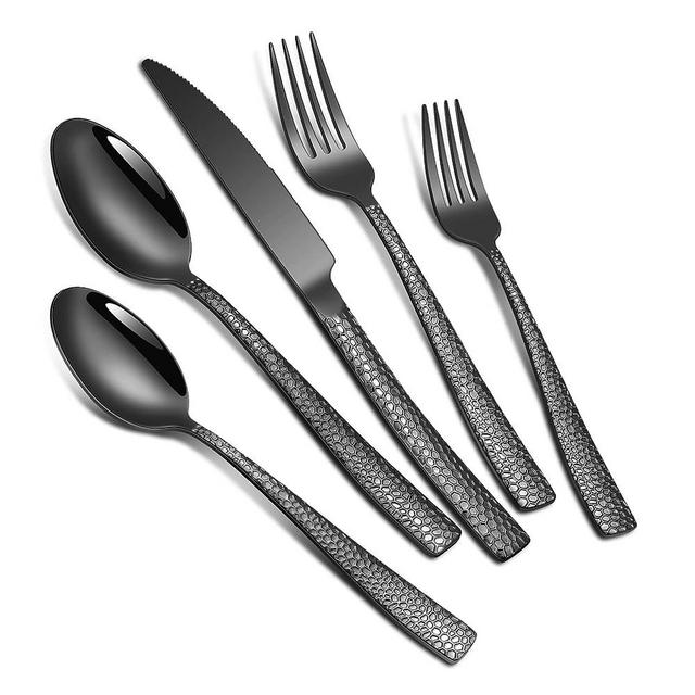 20-Piece Silverware Set, Black Hammered Stainless Steel Flatware Sets for 4, Food-Grade Tableware Set, Including Fork Knife Spoon Set, Durable Home Kitchen Cutlery Sets, Dishwasher Safe