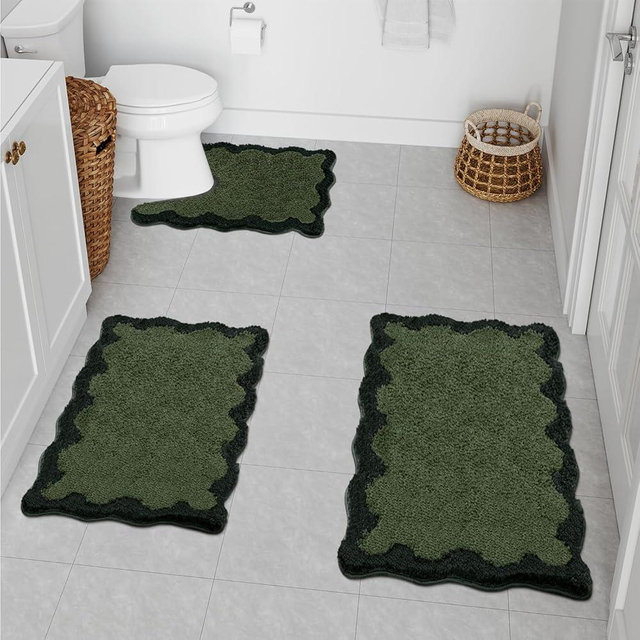 Uphome Scalloped 3 Piece Bathroom Rug Set Green Non-Slip Cute Bath Mat with U-Shaped Contour Quick Dry Absorbent Plush Microfiber Toilet Mat Modern Machine Washable Fun Floor Mats for Sink Tub Shower