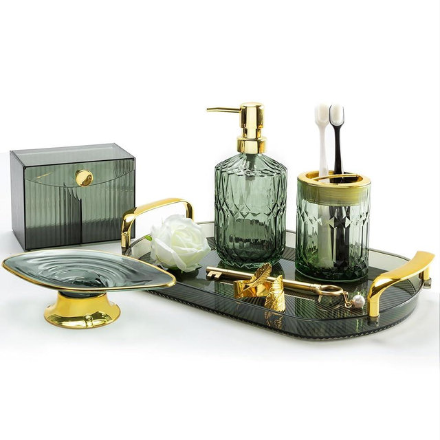 FEXIA Green Bathroom Accessories 5 Pcs Bathroom Accessory Set with Decorative Vanity Tray for Boho Bathroom Decor - Toothbrush Holder Lotion Soap Dispenser Gifts for Women Home Apartment Decor