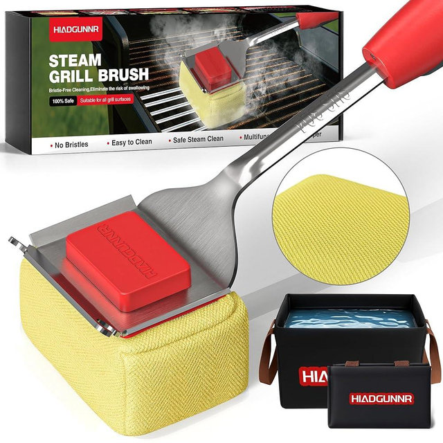 Grill Brush Bristle Free with Collapsible Bucket, BBQ Grill Cleaning Brush for Outdoor with Replaceable Head and Scraper, Safe Non-Metallic Bristles for Cast Iron or Stainless-Steel Grill Tools