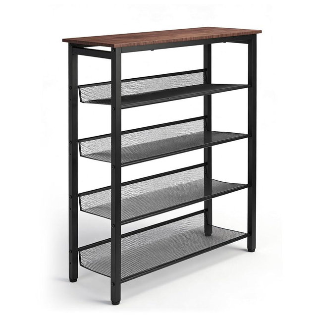 GUFY LAXMO 5-Tier Industrial Shoe Rack with Spacious Rustic Brown Top, Adjustable Metal Mesh Shelves, Freestanding Shoe Storage Organizer for Entryway & Closet