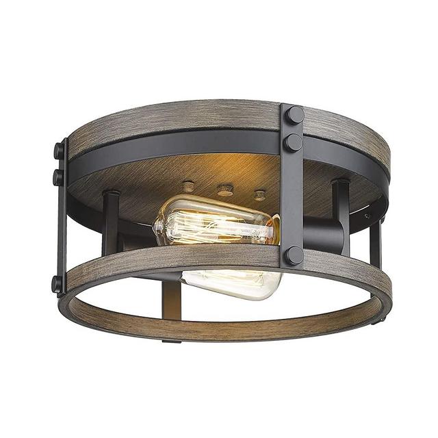 Osimir 2-Light Farmhouse Flush Mount Ceiling Light, 12 inch Ceiling Light Fixture, Round Cage with Black & Wood Grain Texture Finish, RE9180-2B