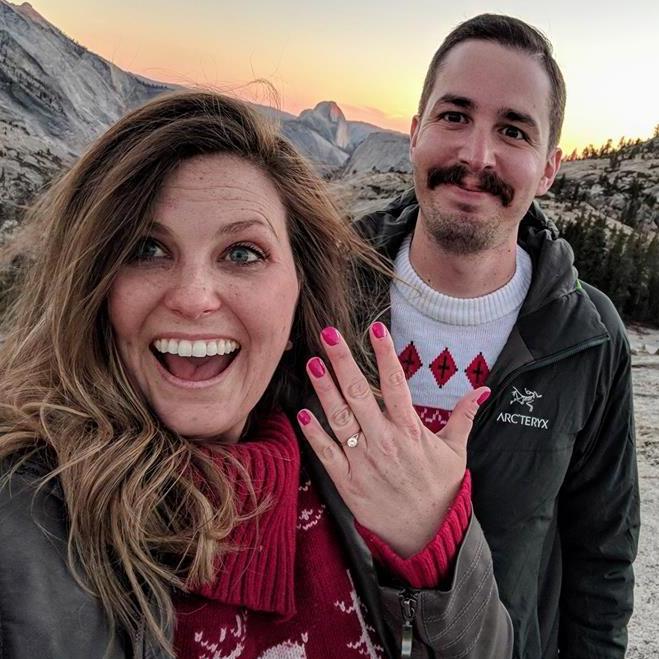Right after Zach surprised Kala with a sunset proposal on the backside of Half Dome in Yosemite National Park! We were planning on posing for our Christmas Card photos... (Or so she thought)