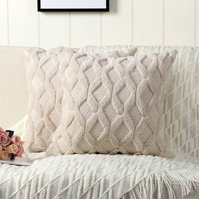 Madizz Pack of 2 Soft Plush Short Wool Velvet Decorative Throw Pillow Covers Luxury Style Cushion Case European Pillow Shell for Sofa Bedroom Square Beige 24x24 inch
