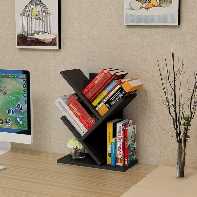 Godferyxin Tree Bookshelf, 3-Tier Book Storage Organizer Shelves Floor Standing Bookcase, Wood Storage Rack for Office Home School Shelf Display for Cd/Magazine