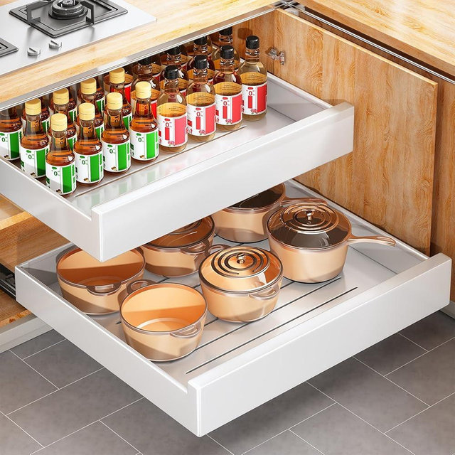 2Pack Pull out Cabinet Organizer, 21"Deep, Heavy Duty Full-extension Slide out Drawers for Kitchen Cabinet, Roll out Shelf Cabinet Storage with Nano Adhesive for Pots, Bathroom, Pantry, Home, White