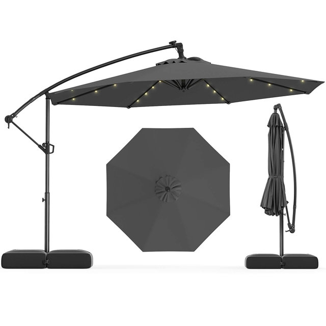Costway 10 FT Solar Offset Hanging Umbrella Patio Cantilever Umbrella with 32 LED Lights Gray
