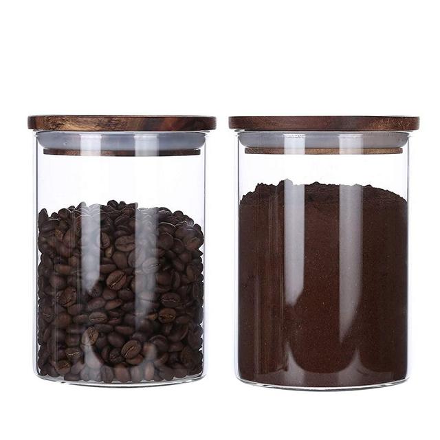KKC Glass Storage Jars with Airtight Lids,Kitchen Clear Glass Containers with Lids,Glass Canisters Wood Lids,25 Floz,2 Glass Jars Wooden Lids,LooseTea,Candy Jar