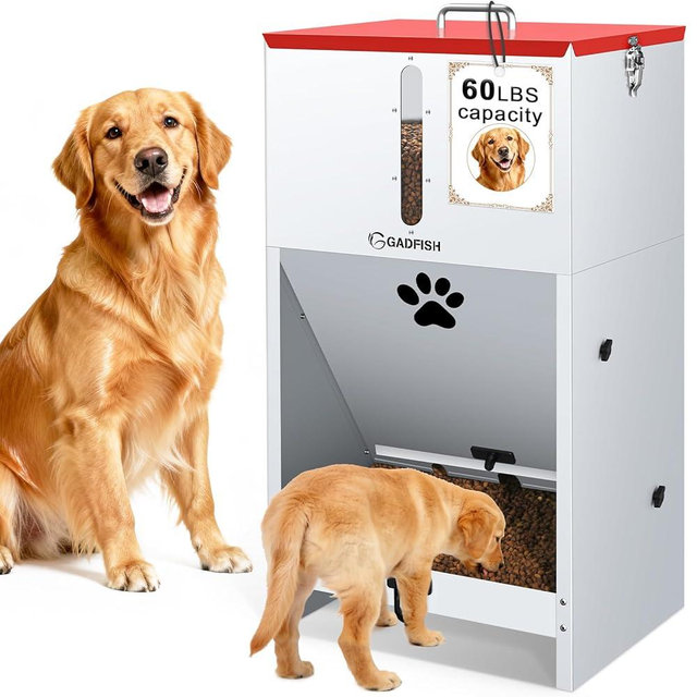GADFISH 60 lbs Large Automatic Dog Feeder, Outdoor Heavy Duty Pet Feeder for Large Breed Dogs, with Viewing Window and Lockable Door